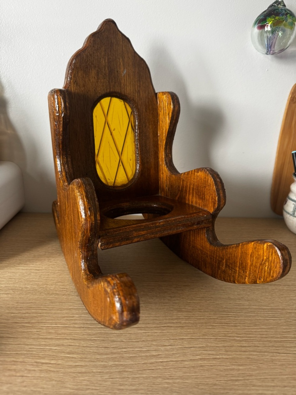 Wooden Rocking Chair Decorative Accent with Yellow Plastic Inlay